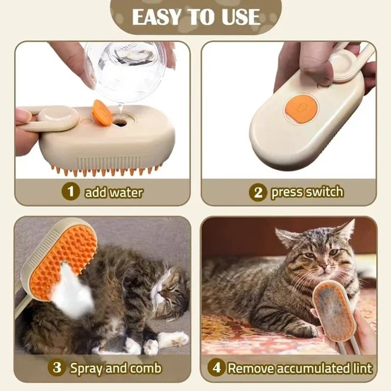 3 in 1 Cat Steam Brush One Touch Spray Pet Hair Removal Tool 360° Rotating Handle Silicone Multifunctional Massage Comb