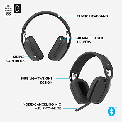 Logitech Zone Vibe 100 Lightweight Wireless Over Ear Headphones with Noise Canceling Microphone, Advanced Multipoint Bluetooth Headset, Works with Teams, Google Meet, Zoom, Mac/PC - Graphite