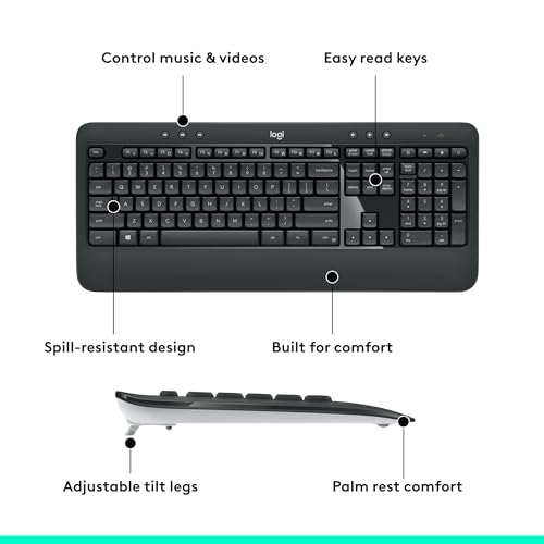 Logitech MK540 Advanced Wireless Keyboard and Mouse Combo for Windows, 2.4 GHz Unifying USB-Receiver, Multimedia Hotkeys, 3-Year Battery Life, for PC, Laptop