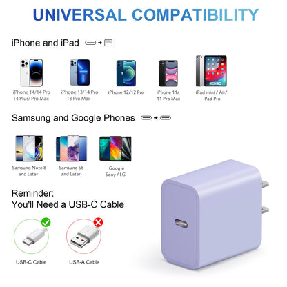 iPhone Charger Fast Charging USB C Charger Block Type C Charger iPad Charger with 6FT C Chargers Cord Compatible with iPhone14/14 Pro Max/13/13Pro/12/12 Pro/11,iPad(Purple)