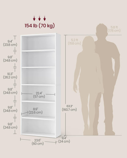 Bookshelf, 23.6 Inches Wide, 6-Tier Open Bookcase with Adjustable Storage Shelves, Floor Standing Unit, Cloud White