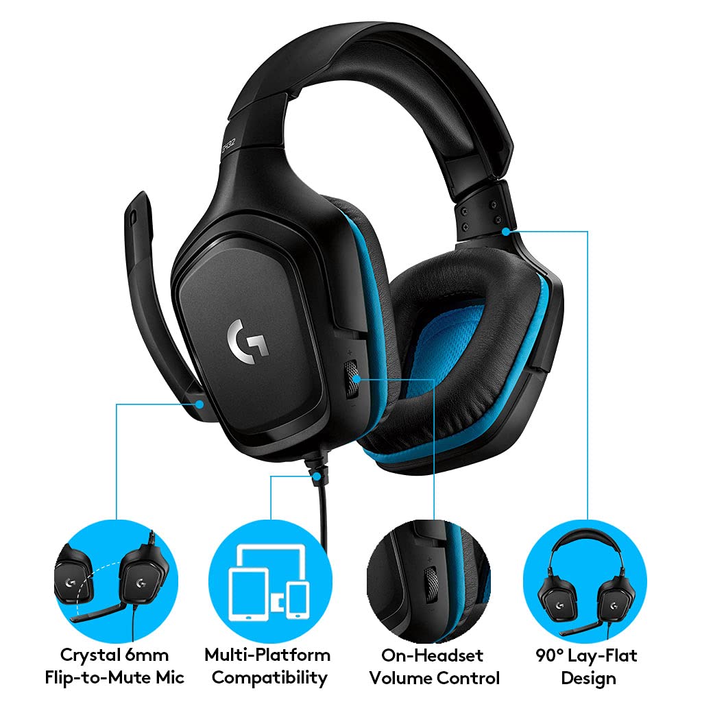 Logitech G432 Wired Gaming Headset, 7.1 Surround Sound, DTS Headphone:X 2.0, Flip-to-Mute Mic, PC (Leatherette) Black/Blue, 7.2 x 3.2 x 6.8 inches