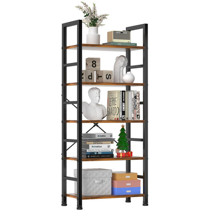 Book Shelf, 5 Tier Bookcase, Modern Tall Bookshelf for Garage Kit, CDs, Movies, Industrial Corner Storage Organizer for Bedroom Home Office Kitchen Living Room, Rustic Brown