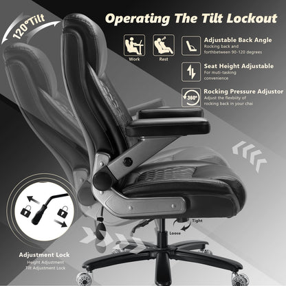 600LBS Large Heavy Duty Office Chair with 5D Flip Arms, Big and Tall Office Chair with Pocket Spring Cushion, Extra Wide Office Chair with Adjustable Lumbar Support,Dual Rubber Wheel