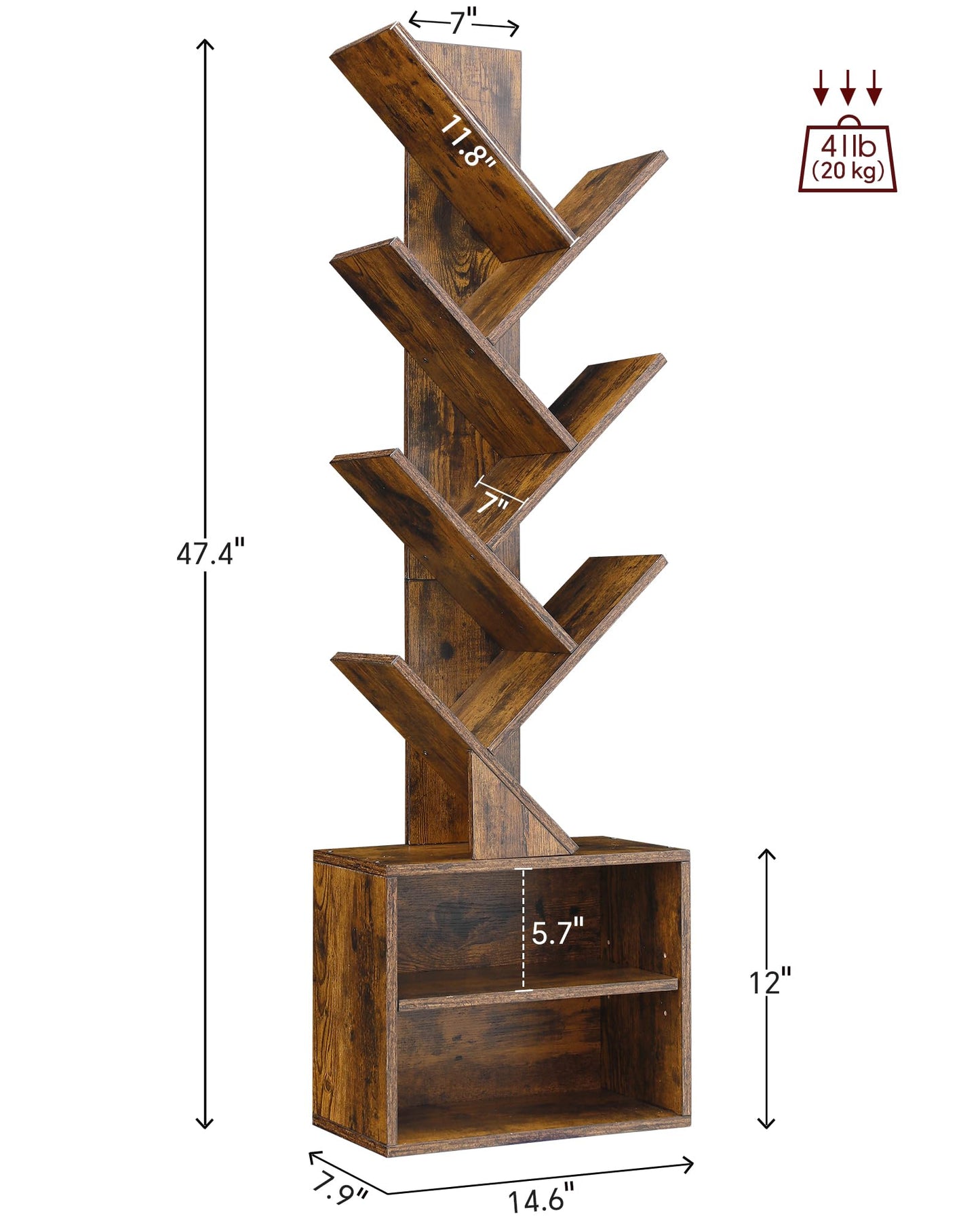 6 Tier Tree Bookshelf, Small Bookcase with Storage Cabinet, Modern Tall Narrow Bookshelves Organizer, Floor Standing Book Shelf for Bedroom/Living Room/Home Office/Corner, Rustic Brown