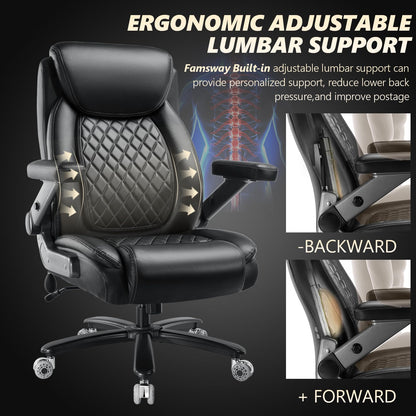 600LBS Large Heavy Duty Office Chair with 5D Flip Arms, Big and Tall Office Chair with Pocket Spring Cushion, Extra Wide Office Chair with Adjustable Lumbar Support,Dual Rubber Wheel