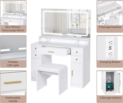 Makeup Vanity & Lighted Mirror, Vanity Desk with Power Strip, Adjustable Lighting, 4 Drawers, and Cushioned Stool for Bedroom, Dressing Room, Ivory