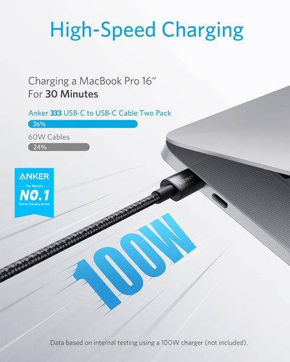 Anker USB C to USB C Cable (6FT, 2Pack), Type C 100W Charger Cord Fast Charging for iPhone 16 Series,MacBook Pro 2020,Pixel And More(USB 2.0,Black)