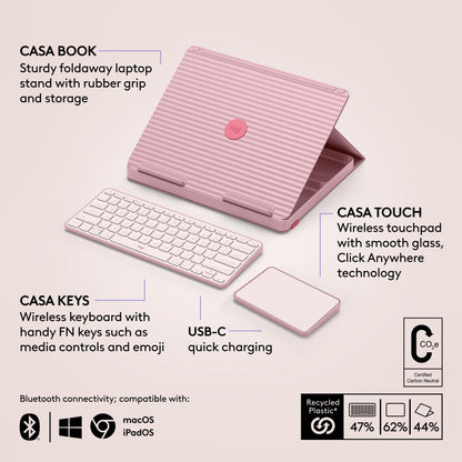 Logitech Casa Pop Up Desk Work From Home Kit with Laptop Stand, Wireless Keyboard & Touchpad, Bluetooth, USB C Charging, for Laptop/MacBook (10” to 17”) - Windows, macOS, ChromeOS - Bohemian Blush