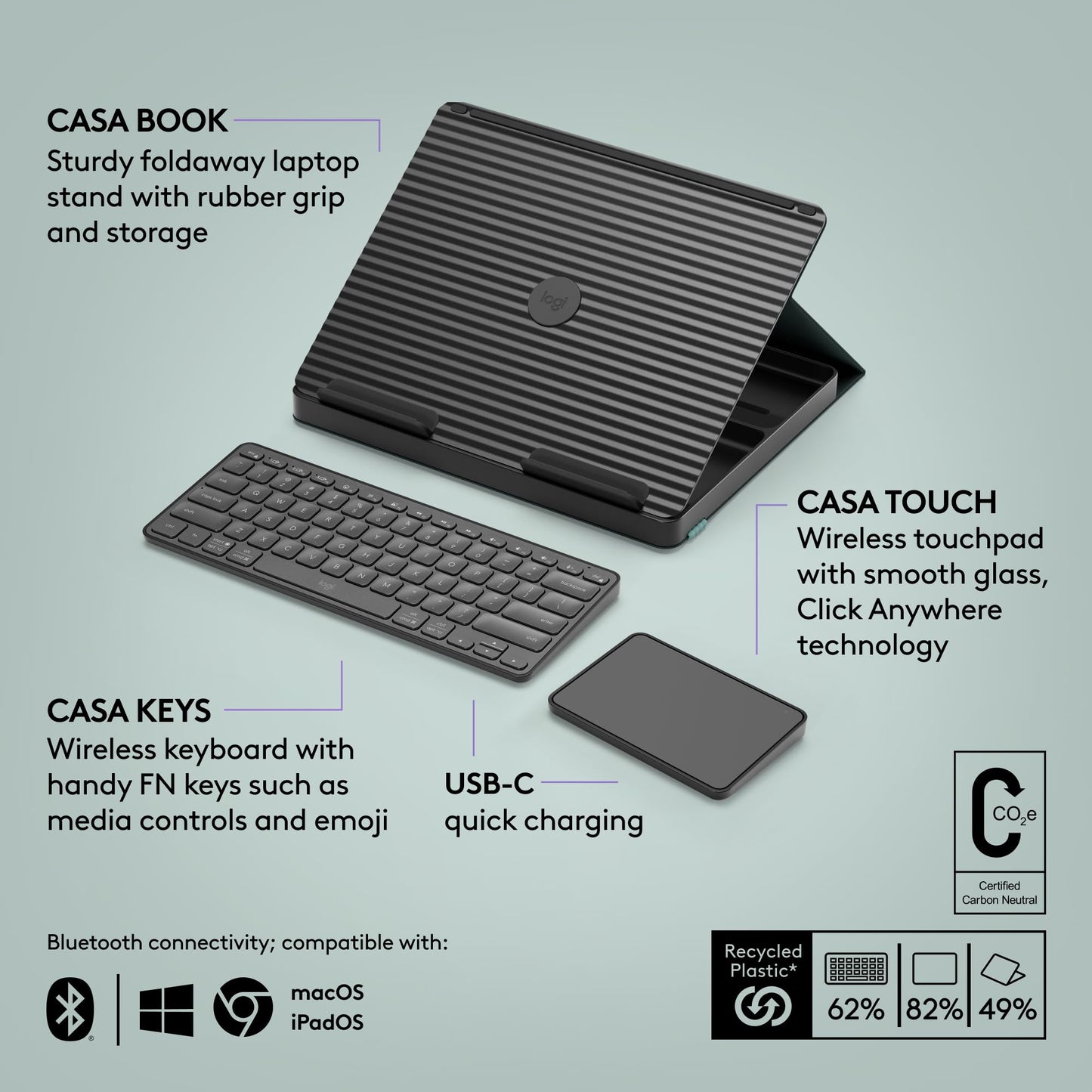 Logitech Casa Pop Up Desk Kit with Laptop Stand, Wireless Keyboard & Touchpad, Bluetooth, USB C Charging, for Laptop/MacBook (10” to 17”) - Windows, macOS, ChromeOS - Classic Chic, Green / Black