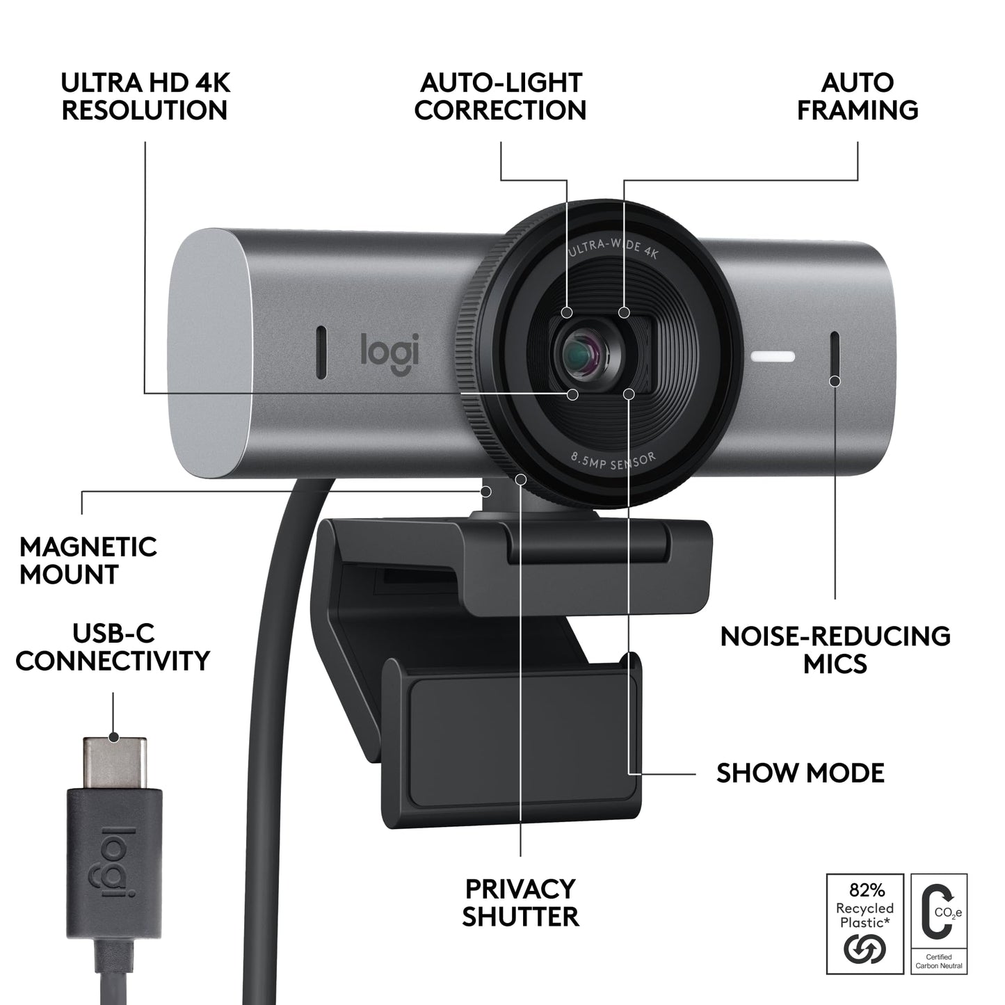 Logitech MX Brio Ultra HD 4K Streaming Webcam, 1080p at 60 FPS, USB-C, Webcam Cover, Works with Microsoft Teams, Zoom, Google Meet - Graphite - With Free Adobe Creative Cloud Subscription