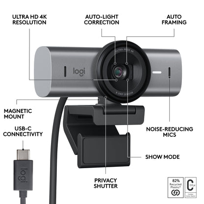 Logitech MX Brio Ultra HD 4K Streaming Webcam, 1080p at 60 FPS, USB-C, Webcam Cover, Works with Microsoft Teams, Zoom, Google Meet - Graphite - With Free Adobe Creative Cloud Subscription