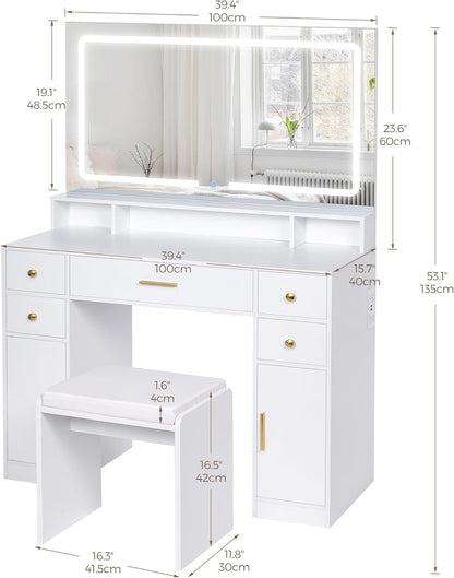 Makeup Vanity & Lighted Mirror, Vanity Desk with Power Strip, Adjustable Lighting, 4 Drawers, and Cushioned Stool for Bedroom, Dressing Room, Ivory