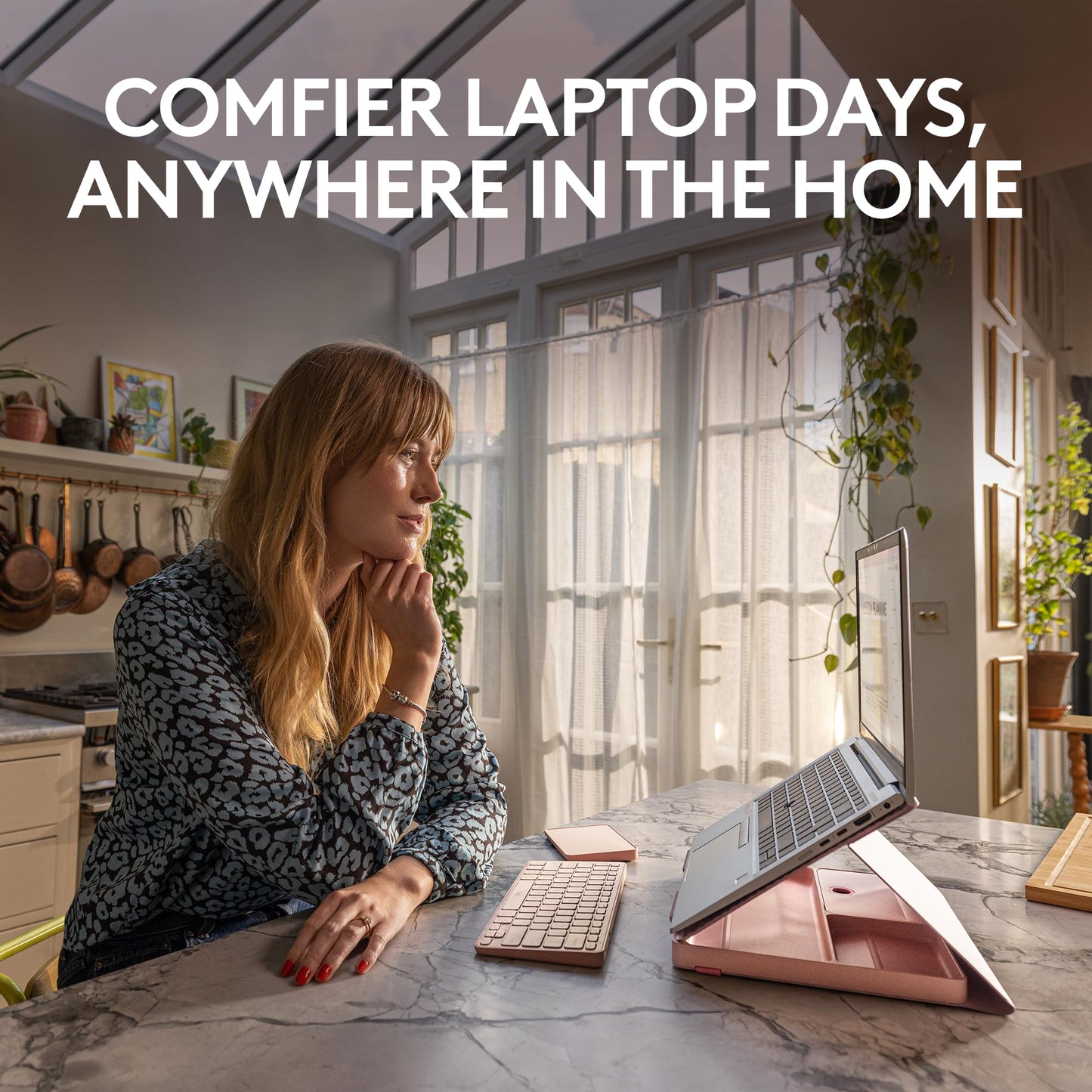 Logitech Casa Pop Up Desk Work From Home Kit with Laptop Stand, Wireless Keyboard & Touchpad, Bluetooth, USB C Charging, for Laptop/MacBook (10” to 17”) - Windows, macOS, ChromeOS - Bohemian Blush