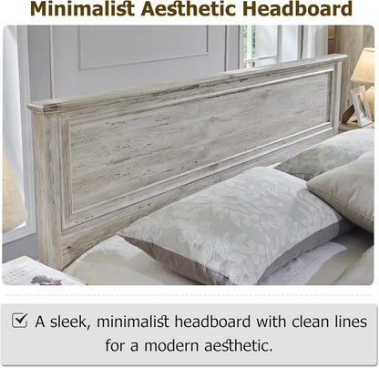 Full - Farmhouse Bed with Headboard and Storage Bench - Rustic Wood Platform Bed with 58" Storage Chest and 4 Large Drawers, Distressed White
