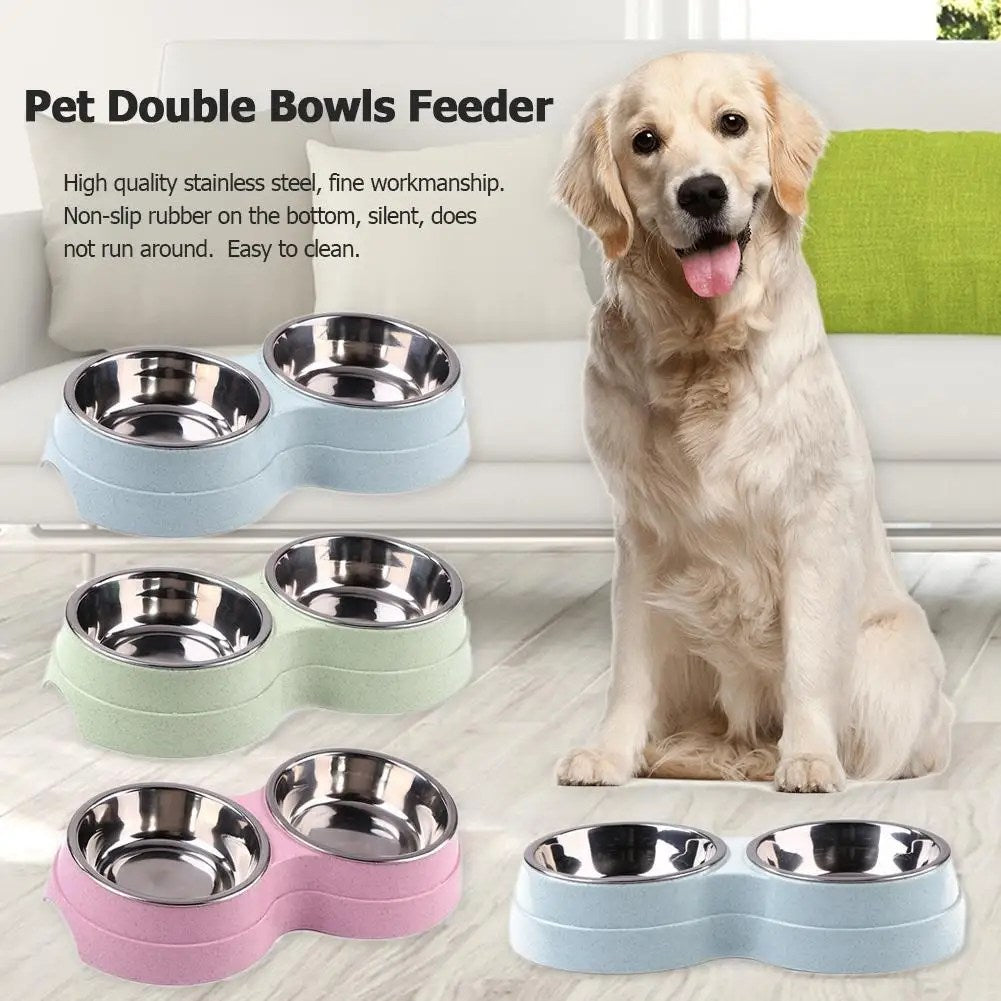 Dogs Double Pet Food Bowl Puppy Cats Dish Feeder Stainless Steel Drinking Water Bite Resistant Feeding Drinkware Dog Accessories