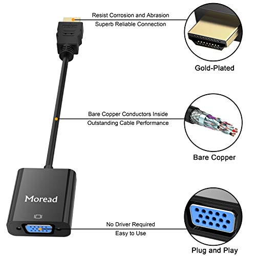 Moread HDMI to VGA, Gold-Plated HDMI to VGA Adapter (Male to Female) for Computer, Desktop, Laptop, PC, Monitor, Projector, HDTV, Chromebook, Raspberry Pi, Roku, Xbox and More - Black