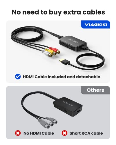 RCA to HDMI Converter,Viagkiki AV to HDMI Adapter,RCA to HDMI Composite Audio Video Converter for PS1, PS2, PS3, STB, Xbox, VHS, VCR,Black-Ray DVD Players(HDMI Cable Included)