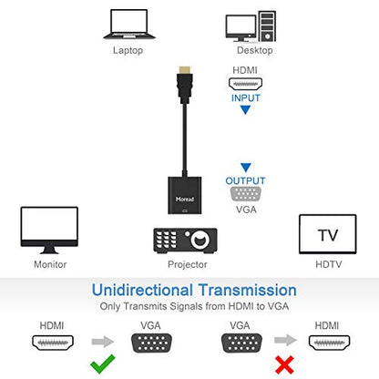 Moread HDMI to VGA, Gold-Plated HDMI to VGA Adapter (Male to Female) for Computer, Desktop, Laptop, PC, Monitor, Projector, HDTV, Chromebook, Raspberry Pi, Roku, Xbox and More - Black