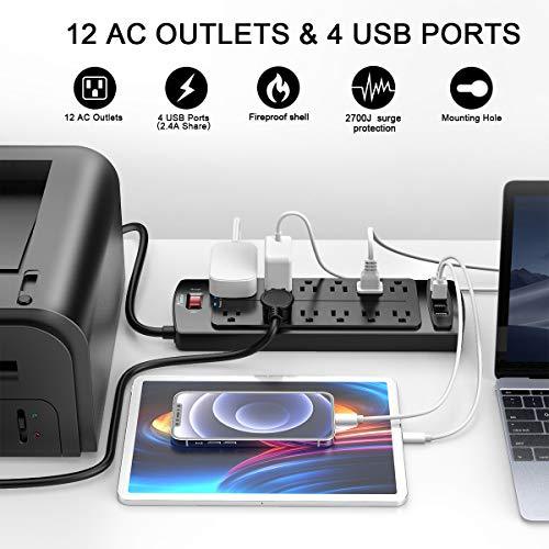 Power Strip, ALESTOR Surge Protector with 12 Outlets and 4 USB Ports, 6 Feet Extension Cord (1875W/15A), 2700 Joules, ETL Listed, Black - GEAR4EVER