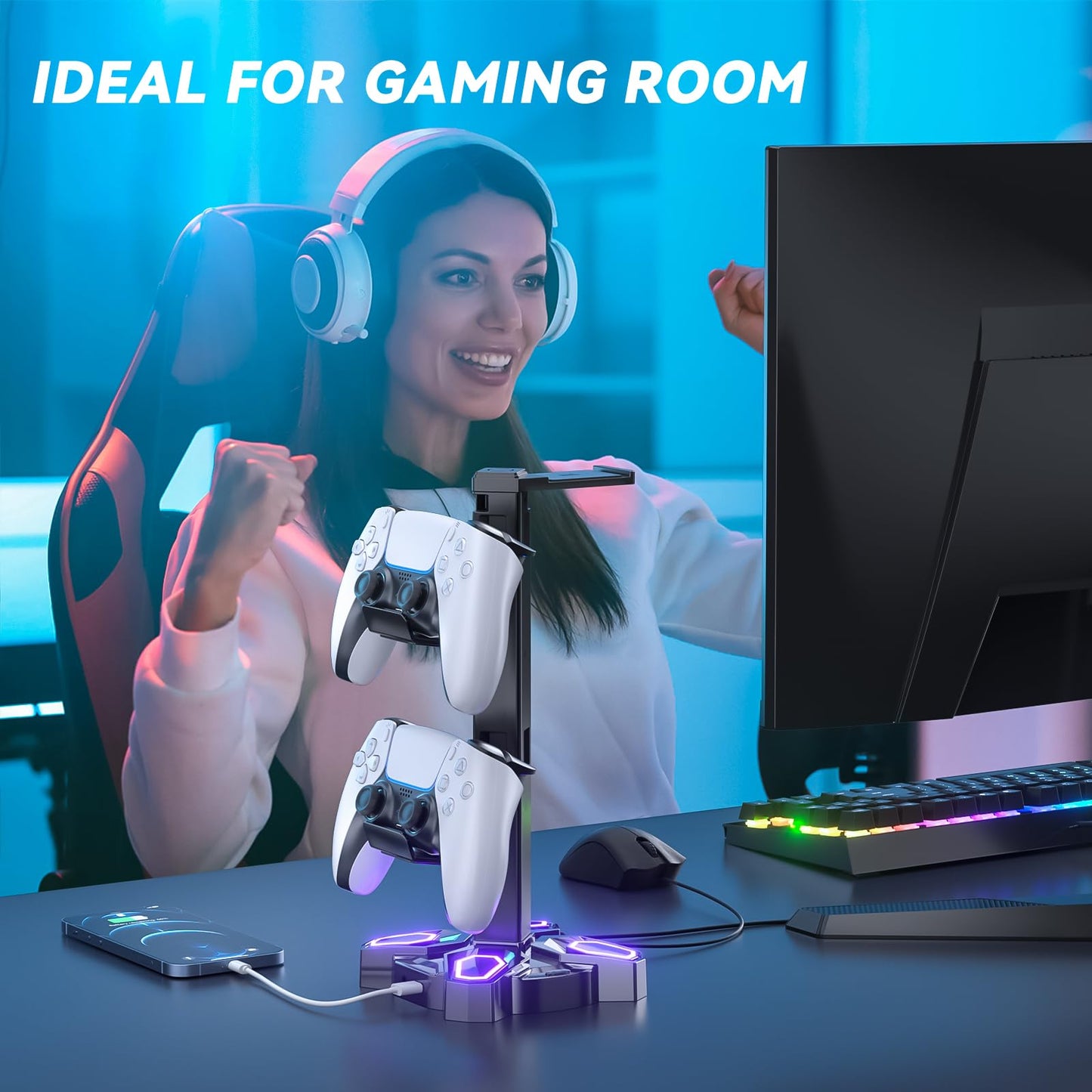 KDD Gaming RGB Headphones Stand, Rotatable Headset Stand with 9 Light Modes - Controller Holder with 2 USB Charging Ports and 3.5mm - Earphone Hanger Accessories for Desktop Gamer(Black)