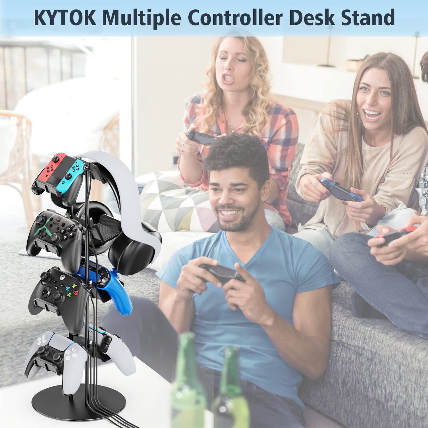 Kytok Controller Stand 4 Tiers with Cable Organizer for Desk, Universal Controller Display Stand Compatible with Xbox PS5 PS4 Nintendo Switch, Headset Holder & Desk Mounts for 8 Packs Controller