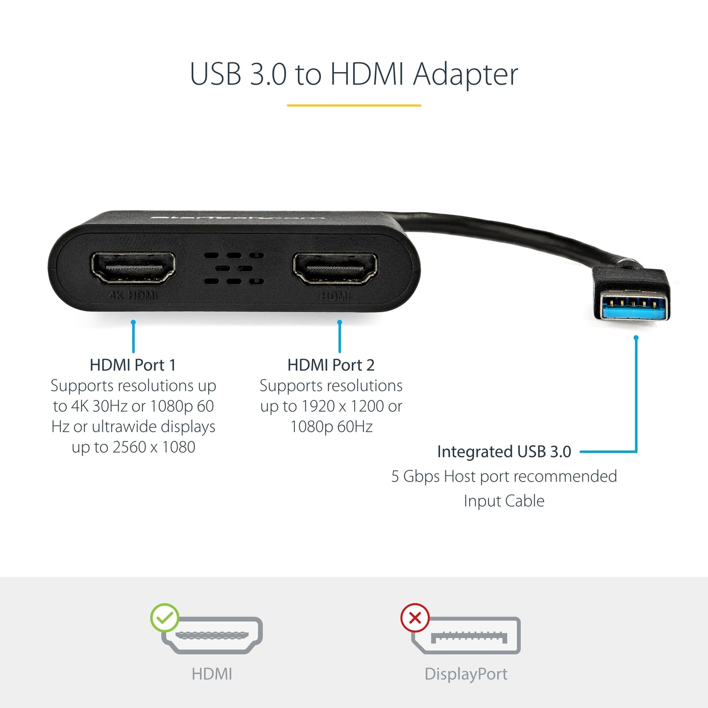 StarTech.com USB 3.0 to Dual HDMI Adapter - 1x 4K 30Hz & 1x 1080p - External Video & Graphics Card - USB Type-A to HDMI Dual Monitor Display Adapter - Supports Windows Only - Black (USB32HD2)