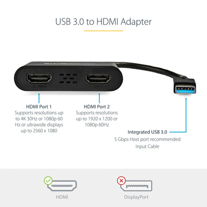 StarTech.com USB 3.0 to Dual HDMI Adapter - 1x 4K 30Hz & 1x 1080p - External Video & Graphics Card - USB Type-A to HDMI Dual Monitor Display Adapter - Supports Windows Only - Black (USB32HD2)