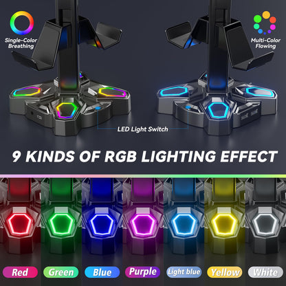 KDD Gaming RGB Headphones Stand, Rotatable Headset Stand with 9 Light Modes - Controller Holder with 2 USB Charging Ports and 3.5mm - Earphone Hanger Accessories for Desktop Gamer(Black)