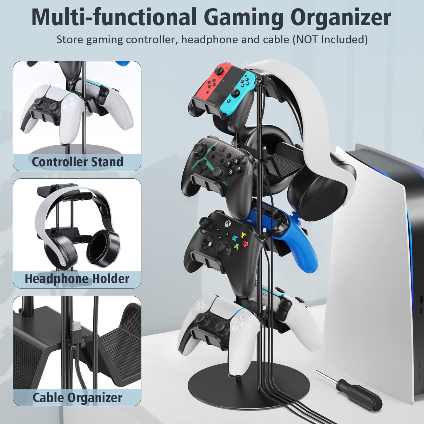 Kytok Controller Stand 4 Tiers with Cable Organizer for Desk, Universal Controller Display Stand Compatible with Xbox PS5 PS4 Nintendo Switch, Headset Holder & Desk Mounts for 8 Packs Controller