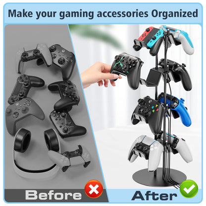 Kytok Controller Stand 4 Tiers with Cable Organizer for Desk, Universal Controller Display Stand Compatible with Xbox PS5 PS4 Nintendo Switch, Headset Holder & Desk Mounts for 8 Packs Controller