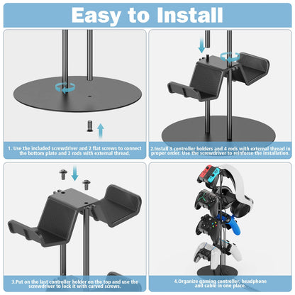 Kytok Controller Stand 4 Tiers with Cable Organizer for Desk, Universal Controller Display Stand Compatible with Xbox PS5 PS4 Nintendo Switch, Headset Holder & Desk Mounts for 8 Packs Controller