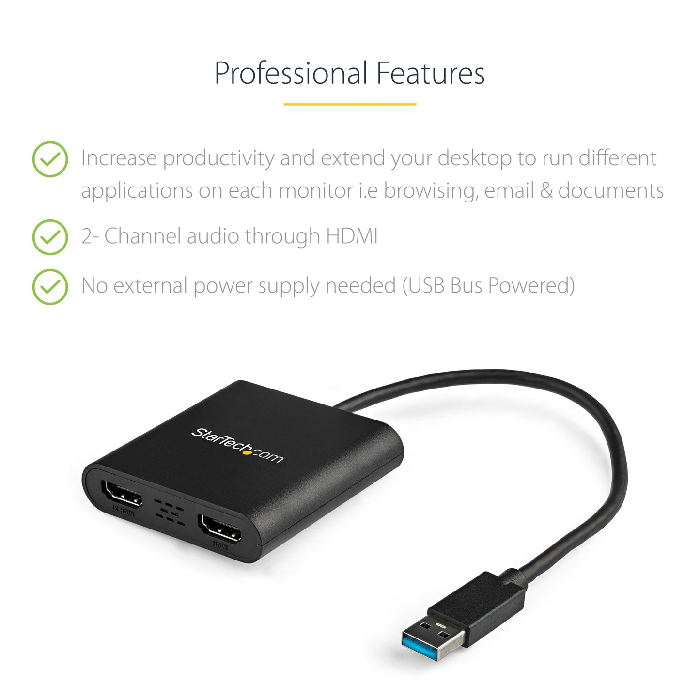 StarTech.com USB 3.0 to Dual HDMI Adapter - 1x 4K 30Hz & 1x 1080p - External Video & Graphics Card - USB Type-A to HDMI Dual Monitor Display Adapter - Supports Windows Only - Black (USB32HD2)