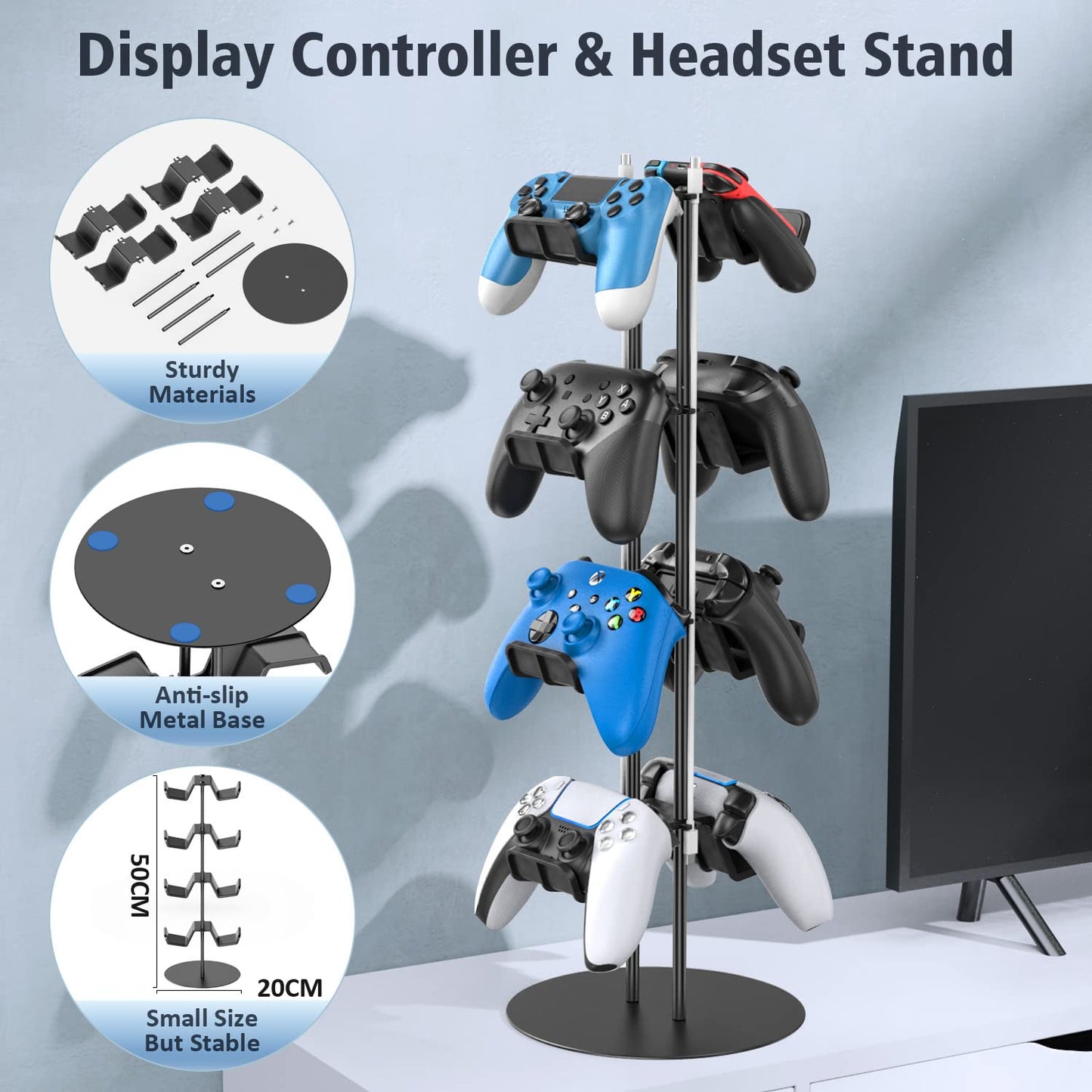 Kytok Controller Stand 4 Tiers with Cable Organizer for Desk, Universal Controller Display Stand Compatible with Xbox PS5 PS4 Nintendo Switch, Headset Holder & Desk Mounts for 8 Packs Controller