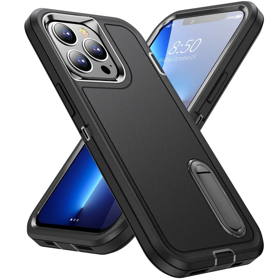 GEAR4EVER for iPhone 15 Pro Plus Pro Max Premium Defender Case - 360 Degree Protection with Kickstand & Shockproof Protection - Black - GEAR4EVER