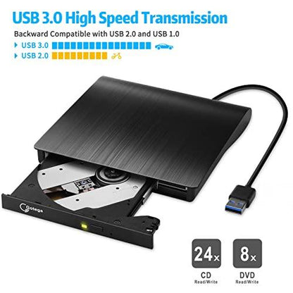 Gotega External DVD Drive, USB 3.0 Portable CD/DVD +/-RW Drive/DVD Player for Laptop CD ROM Burner Compatible with Laptop Desktop PC Windows Linux OS Apple Mac Black - GEAR4EVER