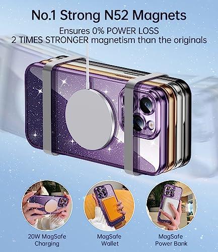 JUESHITUO Magnetic Glitter Case Designed for iPhone 14 Pro Max Case with Full Camera Protection and Strongest Magnetism, Soft TPU Plating Luxury Sparkly Shockproof Slim Case for Women Girls - Purple - GEAR4EVER