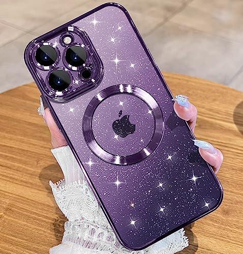 JUESHITUO Magnetic Glitter Case Designed for iPhone 14 Pro Max Case with Full Camera Protection and Strongest Magnetism, Soft TPU Plating Luxury Sparkly Shockproof Slim Case for Women Girls - Purple - GEAR4EVER