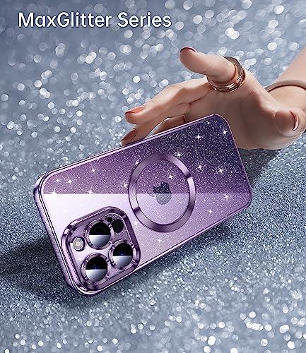 JUESHITUO Magnetic Glitter Case Designed for iPhone 14 Pro Max Case with Full Camera Protection and Strongest Magnetism, Soft TPU Plating Luxury Sparkly Shockproof Slim Case for Women Girls - Purple - GEAR4EVER