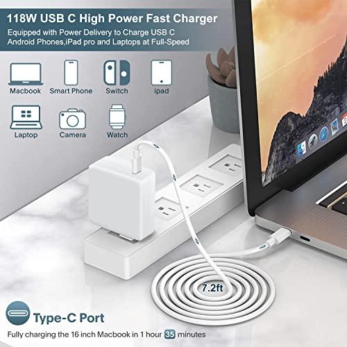 Mac Book Pro Charger - 118W USB C Charger Fast Charger Compatible with MacBook Pro/Air 13, 14, 15, 16 Inch, iPad Pro, Samsung Galaxy, and More USB-C Devices(7.2 ft Cable Included) - GEAR4EVER