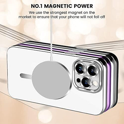 Mgnaooi Magnetic Clear Case for iPhone 14 Pro Max Case [Compatible with MagSafe] [No.1 Strong N52 Magnets] Electroplated Luxury Cover for Women Men Clear Soft TPU Shockproof Phone Case, Silver - GEAR4EVER