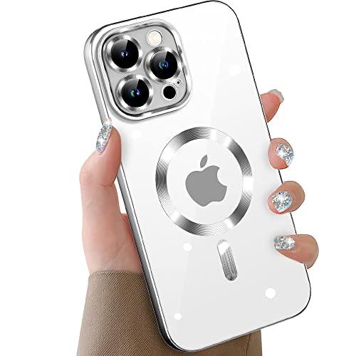 Mgnaooi Magnetic Clear Case for iPhone 14 Pro Max Case [Compatible with MagSafe] [No.1 Strong N52 Magnets] Electroplated Luxury Cover for Women Men Clear Soft TPU Shockproof Phone Case, Silver - GEAR4EVER