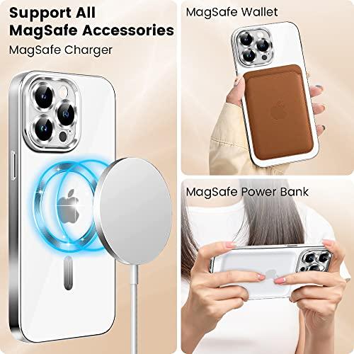 Mgnaooi Magnetic Clear Case for iPhone 14 Pro Max Case [Compatible with MagSafe] [No.1 Strong N52 Magnets] Electroplated Luxury Cover for Women Men Clear Soft TPU Shockproof Phone Case, Silver - GEAR4EVER