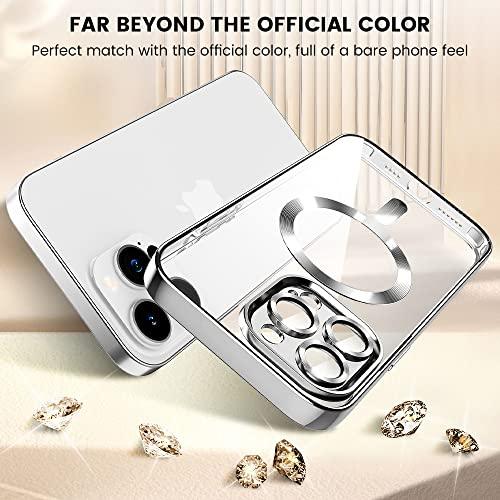 Mgnaooi Magnetic Clear Case for iPhone 14 Pro Max Case [Compatible with MagSafe] [No.1 Strong N52 Magnets] Electroplated Luxury Cover for Women Men Clear Soft TPU Shockproof Phone Case, Silver - GEAR4EVER