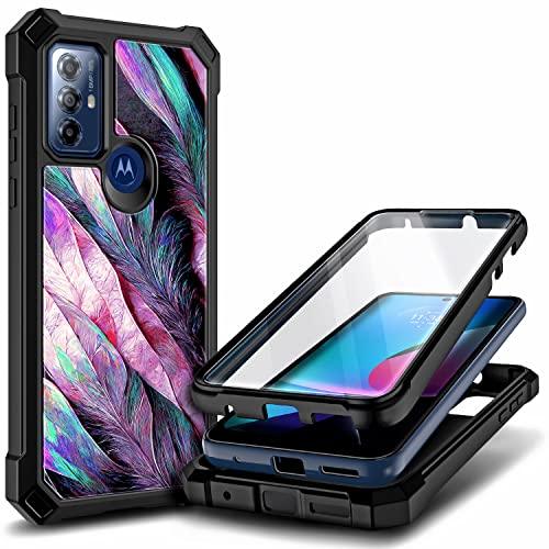 NZNDNZND Compatible with Moto G Pure Case, Moto G Play 2023/G Power 2022 with [Built-in Screen Protector], Full-Body Protective Shockproof Rugged Bumper Cover, Impact Resist Durable Case (Purple Feather) - GEAR4EVER