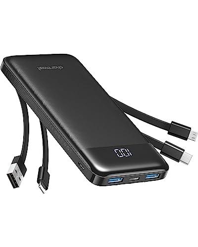 CharmastPortable Charger with Built in Cables, Portable Charger with Cords Wires Slim 10000mAh Travel Battery Pack 6 Outputs 3 Inputs 3A Fast Charging Power Bank for Samsung Google Pixel LG Moto iPhone iPad - GEAR4EVER