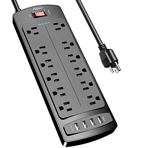 AlestorPower Strip, ALESTOR Surge Protector with 12 Outlets and 4 USB Ports, 6 Feet Extension Cord (1875W/15A), 2700 Joules, ETL Listed, Black - GEAR4EVER