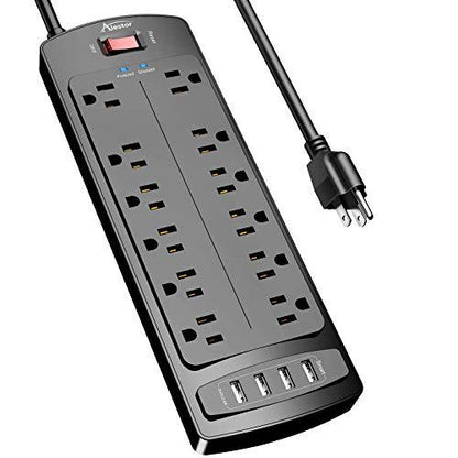 AlestorPower Strip, ALESTOR Surge Protector with 12 Outlets and 4 USB Ports, 6 Feet Extension Cord (1875W/15A), 2700 Joules, ETL Listed, Black - GEAR4EVER