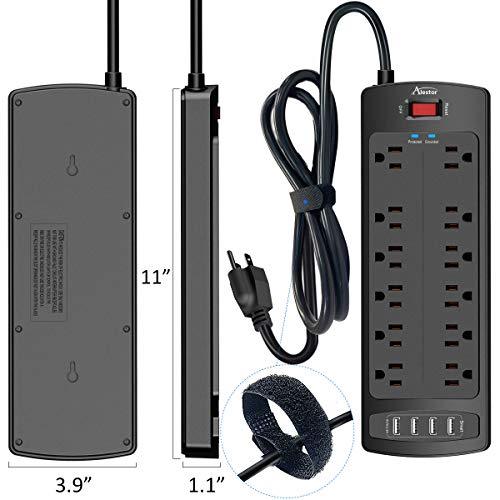 AlestorPower Strip, ALESTOR Surge Protector with 12 Outlets and 4 USB Ports, 6 Feet Extension Cord (1875W/15A), 2700 Joules, ETL Listed, Black - GEAR4EVER