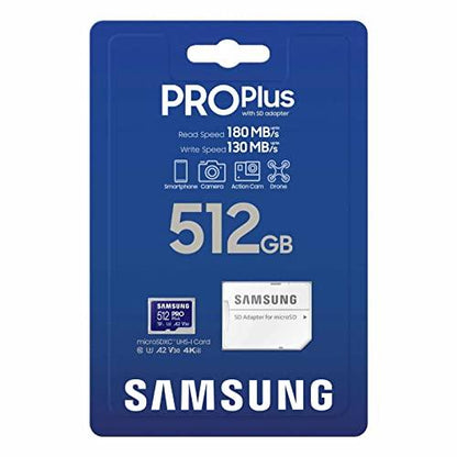 SAMSUNGSAMSUNG PRO Plus microSD Memory Card + Adapter, 512GB MicroSDXC, Up to 180 MB/s, Full HD & 4K UHD, UHS-I, C10, U3, V30, A2 for Android Phones, Tablets, GoPRO, DJI Drone, MB-MD512SA/AM, 2023 - GEAR4EVER